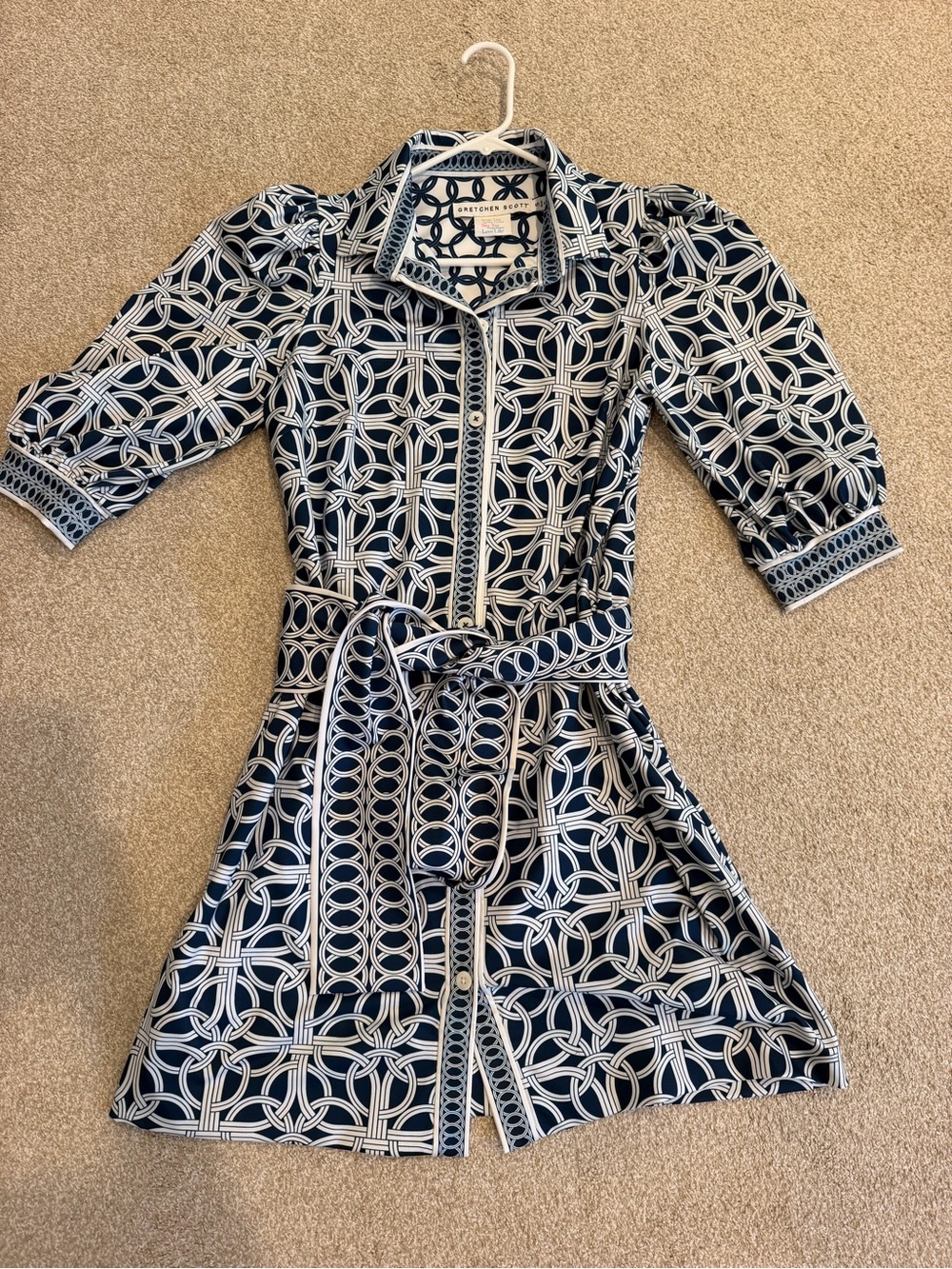 Gretchen Scott Navy & White Printed Belted Shirt Dress Size S